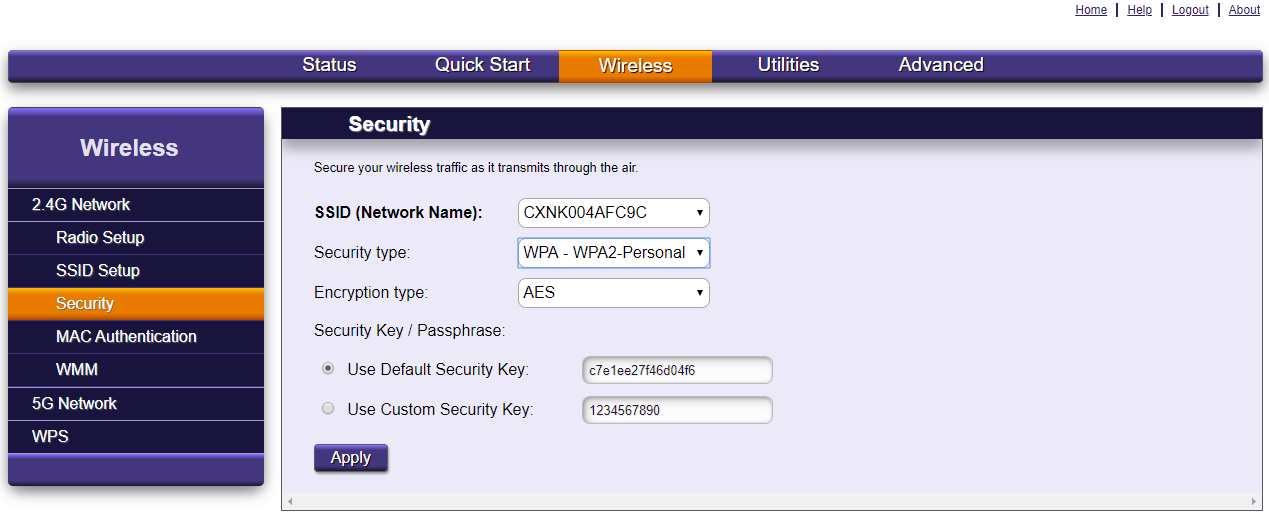 844E password screen for 24G network